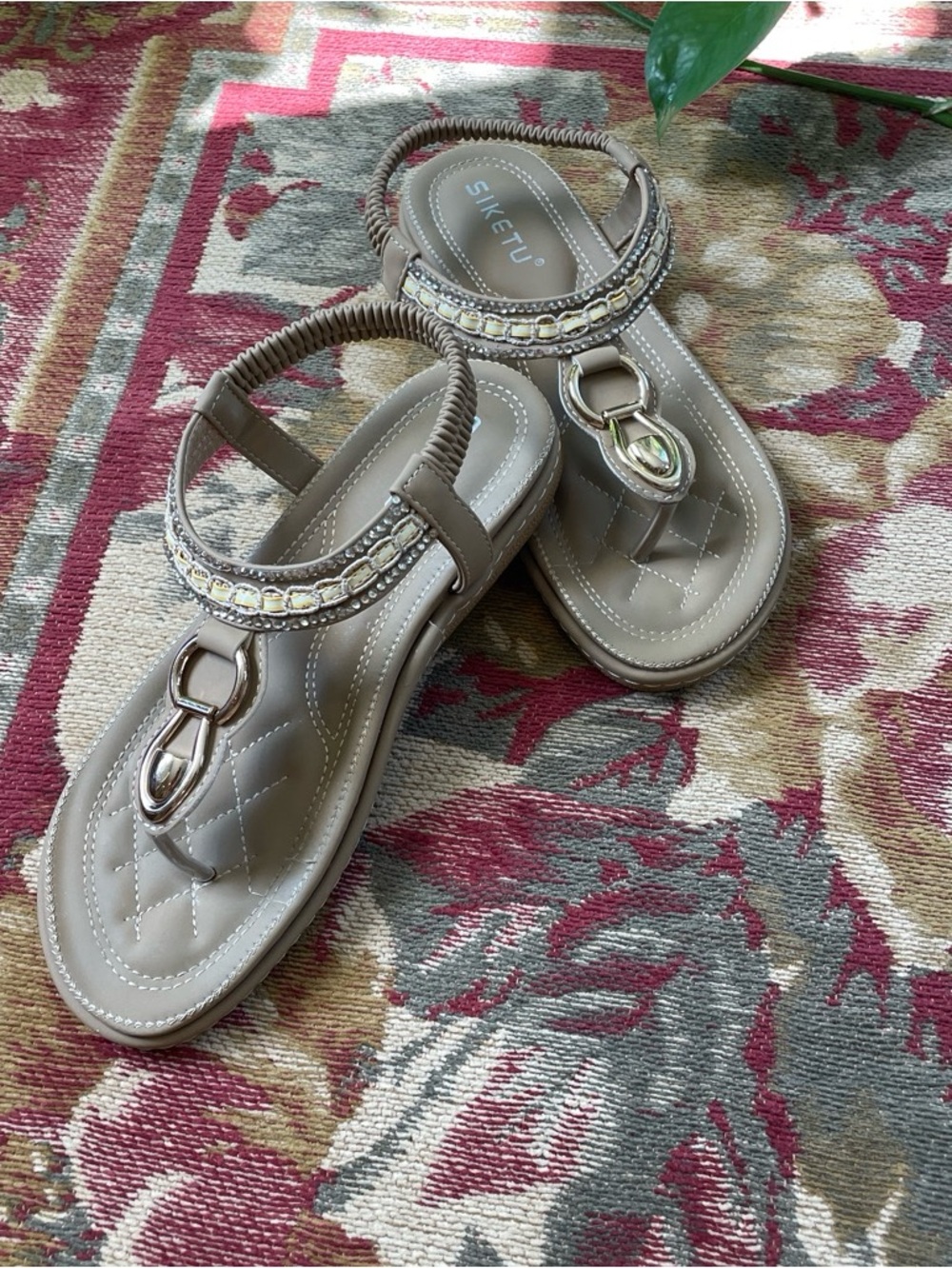 Siketu Beige Quilted Thong Sandals with Embellished Strap